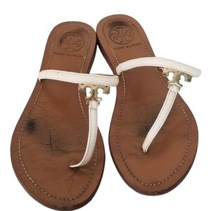 Tory Burch White Half Moon T Logo Leather Thong Flat Sandals Size 6